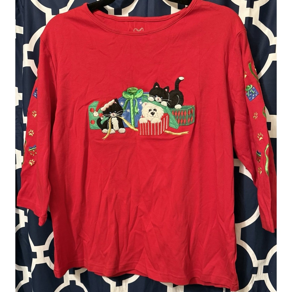 Allyson Whitmore Red Christmas Cats Embroidered Tee | Women's Large